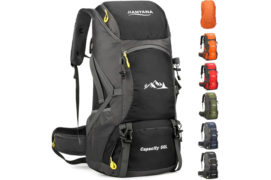 jianyana Hiking Backpack Waterproof 50L Foldable Rucksack Durable Lightweight Camping Bag with Rain Cover for Camping Trekking Hiking Walking Cycling Climbing Outdoor Sports for Women Men
