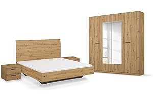 Rauch Möbel Florenz Schlafzimmer, Eiche Artisan, Holz, bestehend aus Bett mit Liegefläche 180x200 cm inklusive 2 Nachttische und Drehtürenschrank mit Spiegel BxHxT 181x210x54 cm