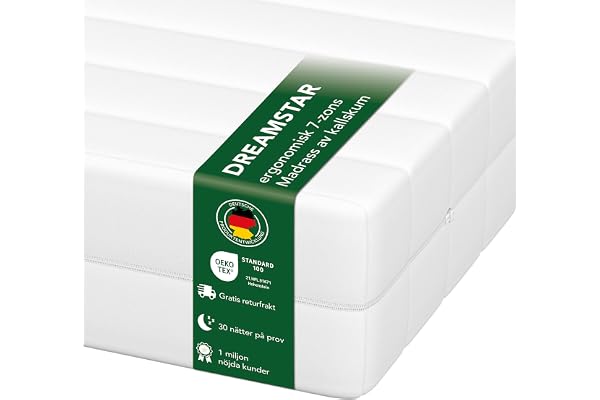 DREAMSTAR Ortopedisk kallskummadrass Easy Flex, 7 zoner, Öko-Tex-certifierad, hårdhetsgrad 2 och 3 (H2 och H3), rullmadrass
