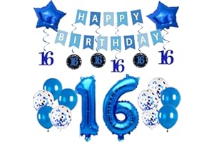 Pargleev 16th Birthday Decorations for Boys Girls,16in Number 16 Birthday Foil Balloons with Swirl Decorations Happy Birthday Banner and Star Foil Balloons 10PCS Confetii and Latex Balloon Blue