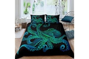Homemissing 3D Grüner Oktopus Bettbezug Octopus Tentakel Bettwäsche-Set für Kinder Erwachsene Meer Marine Themed Bettwäsche 135x200cm Unterwasser Tier Bettwäsche Room Decor Bettwäsche Schwarz Grün