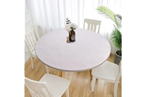 MINGPINHUIUS Nappe ronde en vinyle à bords élastiques – Nappe en plastique imperméable et facile à nettoyer pour intérieur ou extérieur, terrasse, motif plante (blanc, 120 cm de diamètre)