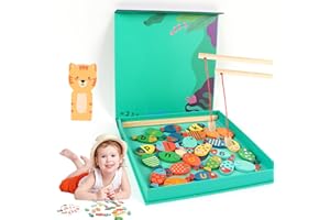 Knoiuao Pêche Magnétique Enfant,Jeu de Peche en Bois,Jouets en Bois Jeu de Pêche,Scrabble de La Pêche,26 Poissons et Deux Cannes à Pêche,Jouet en Bois,Jeux Educatif pour 2 3 4 5 Ans