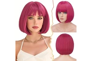 ‎BARSDAR BARSDAR Rosa Bob Perücke, Kurze Rosa Rot Perücke mit Pony für Damen 30cm Kinnlang Kurze Bob Perücken mit Pony Natürlich Aussehend Weich Synthetische Perücken Halloween Party Farbenfroh Bobs