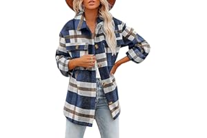 Hormtaer Women's Autumn Winter Casual Oversized Plaid Checked Shirts Fleece Shacket Jacket Coat with Pockets