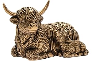 M&HONG Laying Highland Cow Mother & Calf ornament figurine from the Leonardo Reflections Bronzed range