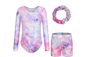 Sinoeem Trykot gimnastyczny dla dziewcząt, z długim rękawem/bez rękawów, strój do tańca, sportowe szorty i opaska na włosy, kolorowa, błyszcząca dla dziewcząt w wieku 5-12 lat