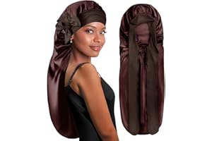 BONNET QUEEN Bonnet Satin Cheveux Nuit Long pour Dormir, Bonnet en Satin pour Cheveux Charlotte Locks Bouclés, Ajustable avec Long Elastique pour Femmes et Hommes, Chocolat
