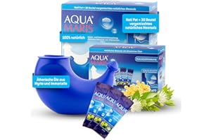 ‎AQUA MARIS Aqua Maris Thalassotherapie Nasenspülung und Nebenhöhlenspülung - natürliches Meersalz mit mehr als 80 natürlichen Mineralien , angereichert mit ätherischen Ölen , Neti Pot + 30 Beutel Meersalz