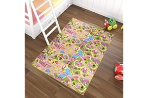 TAPISO Nino Tappeto Villaggio Pista Macchinine Giochi Bambina Bambini Bimbi Morbido Da Gioco Rosa Giallo Verde Cameretta Stanza Bambini A Pelo Corto 150 x 200 cm