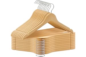 ABHENG Kleiderbügel Holz 20 Stück, Holzbügel mit Rutschfester Hosensteg und 360° drehbarer Haken, Einkerbungen im Schulterbereich, Hergestellt aus Naturholz, 44,5B x 23H cm, Naturfarben,AWY0320N