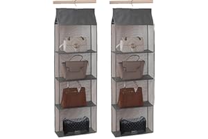 DXI 2 Pcs Organizador del Armario Plegable, Organizador para Colgar Bolsos de 4 Bolsillos, Transparentes Bolsos de Mano para Sala de Estar, para Armario Familiar, Dormitorio, Gris