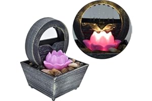 MOKERNALI Innenbrunnen, Tischbrunnen mit Led, LED Wasserfall Brunnen Indoor, 3V USB Kunststoffblumen-Wasserbrunnen, 16,5x11,5x11,5cm, Zimmerbrunnen Wasserfall, für Zuhause Bürotisch