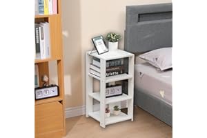 SANERY Small Living Room Sofa Side End Table, Square Nightstand Bedside Table for Bedroom, 4-Tier Narrow Corner Shelf with Open Shelves for Home Office, White
