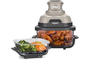 Ninja CRISPi Friggitrice ad Aria Portatile, 3.8L, 4 in 1: Frittura, Cottura Arrosto, Mantiene Cibo Caldo e Croccante, Compatta, 2 Contenitori Vetro Rimovibili, 1700W, Pietra FN101EUST