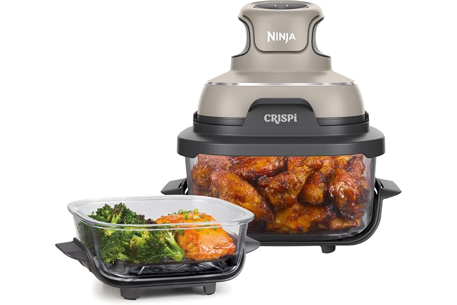 Ninja CRISPi – Portable Air Fryer – Oil Free, Roast, Heat Retention and Crispness – Compact, 3.8L – 2 Removable Glass Containers – Model FN101EUGY, Stone Colour