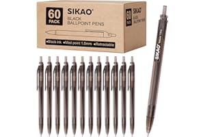 Sikao Black Pens Bulk, Box of 60 Pack Black Ink Pens Ballpoint Smooth Writing Pens No Smudge, Retractable Ball Point Pens Medium Point, Click Pens, Server Pens for Waitress, Office School Supplies