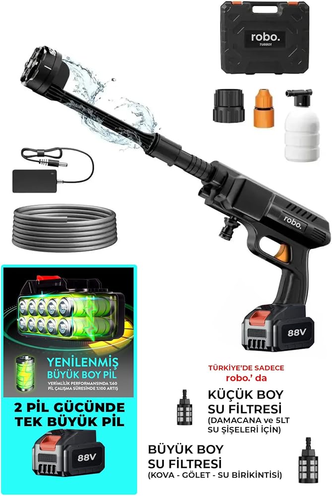 ROBO Turbo 1 Şarjlı 70 Bar Yüksek Basınçlı Oto Yıkama Makinesi Ve Sulama Tabancası