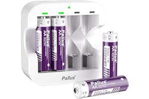 PALLUS Rechargeable AA Lithium Batteries, 3500mWh High Capacity, 2H Fast Charging AA Batteries, 1.5V Double A Battery 4 PCS, 1500 Cycles, with 4-Slot LED Charger, Suitable for Digital Cameras, Toys