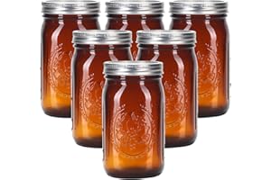 Eleganttime Amber Glass Mason 32 Oz Wide Mouth Jars with Airtight Lids and Bands, 6 Pack, Great for Canning, Pickling, Fermenting, and Jam
