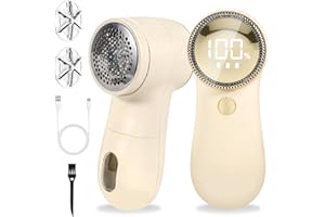 BUOAZR Levapelucchi Elettrico, Levapelucchi Ricaricabile per 3 Livelli di Potenza Regolabili, Display LED, con Spazzola e 2 Lame di Ricambio, Taglia Pelucchi a 6 Lame per vari Tessuti(Beige)