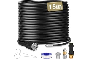Ajiteogy 15m Tuyau Déboucheur Canalisation pour Nettoyeur Haute Pression Kärcher K1 K2 K3 K4 K5 K6 K7, avec Buses à Jet et Rotative & Adaptateurs pour un débouchage efficace des tuyaux à 180 bars