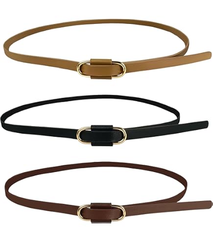 UEPOA Smalle riem voor dames, 3 stuks, PU-leer, damesriem, verstelbare dunne tailleriem, retro, skinny, smalle leren riem voor jurk, jeans, broek met gouden gesp (bruin, kaki, camel), bruin