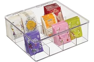 mDesign Organizer cucina – Contenitore in plastica per la cucina e la dispensa – Scatola con coperchio suddivisa in 12 scomparti per tè, caffè, spezie e altre provviste – trasparente