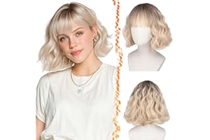 BARSDAR Parrucca Breve Ondulata Biondo Ombre con Frangia, Breve Parrucca Bob per Donna Ricci Ondulati French Bob Parrucche con Frangia Sintetici Aspetto Naturale Capelli Parrucche Quotidiano Festa