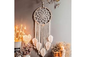 SURAKEY Attrape Reve Macramé Tenture Murale Lumière LED, Attrape Reve Lumineux Geant Blanche Macramé Mural Suspension Corde Tapisserie Tissée, Deco Murale Décoration Chambre Salon Intérieure Maison Cadeau
