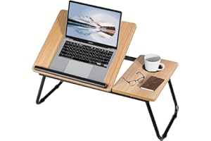 Warmiehomy Bureau pour ordinateur portable, table de lit pour ordinateur portable avec pieds pliables et fente pour tasse, support de lecture avec angle de hauteur réglable, plateau de lit pour