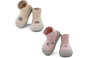 LACOFIA 2 Pares Zapatos Primeros Pasos Calzado Bebé Niños Niñas Zapatillas Calcetines Antideslizantes Bebé con Suela de Goma 6-24 Meses