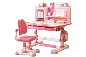 CUKOEKIM Children Adjustable Desk and Chair Set, Children's Study Table Chairs Set with Dividers ＆ Drawers, Home School Study Desk with Ergonomic Chair, Kids Table and Chairs for Writing Reading (Pink)
