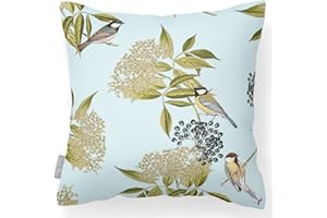 Izabela Peters Outdoor Cushions Waterproof, 43 cm, Filled, Bird on Elderflower - Duck Egg, Garden Furniture Cushions