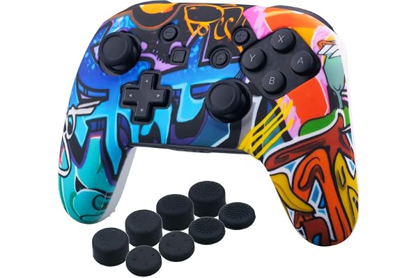 YoRHa Coque de protection en silicone avec impression par transfert studded - Uniquement pour manette officielle Switch Pro x 1 (graffiti comique) - Avec embouts Pro - 8 poignées de pouce