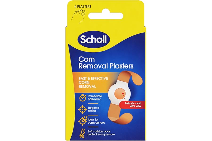 Scholl Corn Removal Plasters, Easy-to-Use Treatment, Includes 4 Discs with Salicylic Acid, Delivers Pain Relief & Effective Corn Removal for Foot or Toes