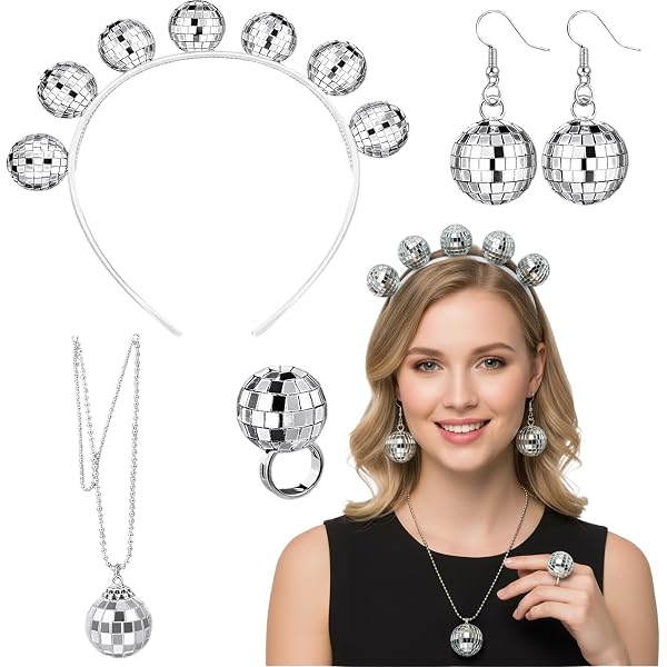 Discokugel-Kostüm-Set – Haarreif, Halskette, Ohrringe & Armband Aus Silber, Für Damen, Ideal Für 70er &