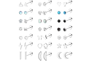 JeweBella 21 par kolczyków dla kobiet, małe kolczyki ze stali chirurgicznej, hipoalergiczne, chrząstki, gwiazda, księżyc, perła, motyl, cyrkonia, płaski zestaw piercingu, biżuteria