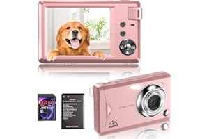 FINE LIFE PRO Cámara digital, 4K HD 1080P 48MP, cámara compacta, mini cámara digital con tarjeta SD de 32 GB FHD, cámara digital con pantalla LCD, zoom digital de 16 x para principiantes (cámara digital rosa)