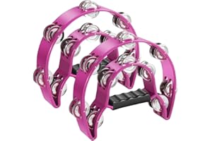 Flexzion Tamburin, Handtrommel - 2er-Pack, 25cm Schellenkranz mit Handgriff, Musik Schlaginstrument, zweireihig Schellenring in Halbmond-Form Rahmen, mit 20 Paar Metall Schellen, Rosa