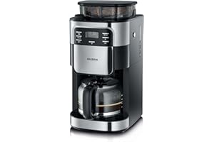 SEVERIN Cafetière avec broyeur intégré 1 000 W, Machine à café programmable avec minuteur, Cafetière filtre avec verseuse en verre d'une contenance de 10 tasses, Noir/Inox, KA 4810