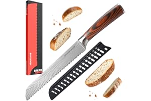 Matakumi Coltello da Pane 20 cm Seghettata - Coltello da Cucina Extra Affilato in Acciaio Inossidabile - Affettatore di Pane Stile Damascato