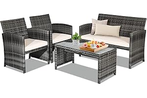 RELAX4LIFE 4PCS Rattan Garden Furniture Set, All-Weather Outdoor Conversation Set with Glass Tabletop and Removable Cushions, Wicker Sectional Sofa Chair and Table Set for Backyard Pool Backyard