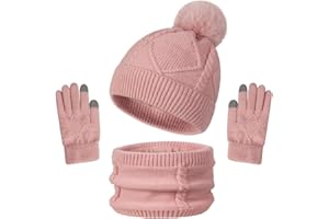Enwokran Invierno Sombrero Bufanda Guantes Mujuer Set 3 en 1,Gorro de Cálido Calentador de Cuello Punto Gorro de Vellón con Pompón Pantalla Táctil Mitones