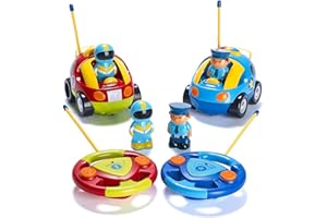 Prextex Remote Control Cars for Kids Age 3 and Up - 2-Pack Cartoon RC Car Police and Race Kids Toys - Realistic Sirens, Honking Sounds, and Flashing Headlights - Ideal Stocking Fillers for Toddlers