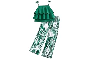 SoLu DAY8 Ensemble Enfant Fille 7-11 Ans Tailleur Ado Fille Crop Top Camisole à Volants Et Pantalon Jambe Large Fille Ete Chic Habillée Fluide Confortable Vacances Casual Plage