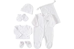 KINOUSSES - Kit Naissance 6 Pièces - 0 mois - Velours Blanc - Motif Nuage - (Pyjama, Body, Bonnet, Moufles, Chaussons et Pochon de Rangement) - Cadeau Bébé Mixte Garçon et Fille