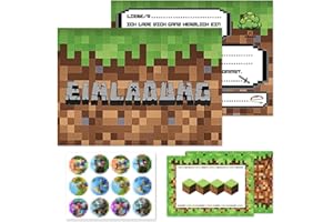 Byhsoep 12x Einladungskarten Kindergeburtstag mit 12 Umschlag,12 Aufkleber,Gamer Pixelmotiv Deutsch Einladungskarten für Einladungen zum Kindergeburtstag