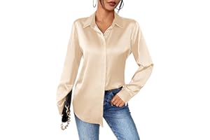 Zeagoo Damska satynowa bluzka jedwabne bluzki z długim rękawem zapinana na guziki koszula na co dzień koszule biurowe topy robocze dla kobiet UK