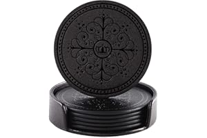 ABCHCHS Coasters Set of 6 - PU Leather Coasters for Drinks with Holder - Black Handmade Round Drink Set for Home Decor and Housewarming Gift